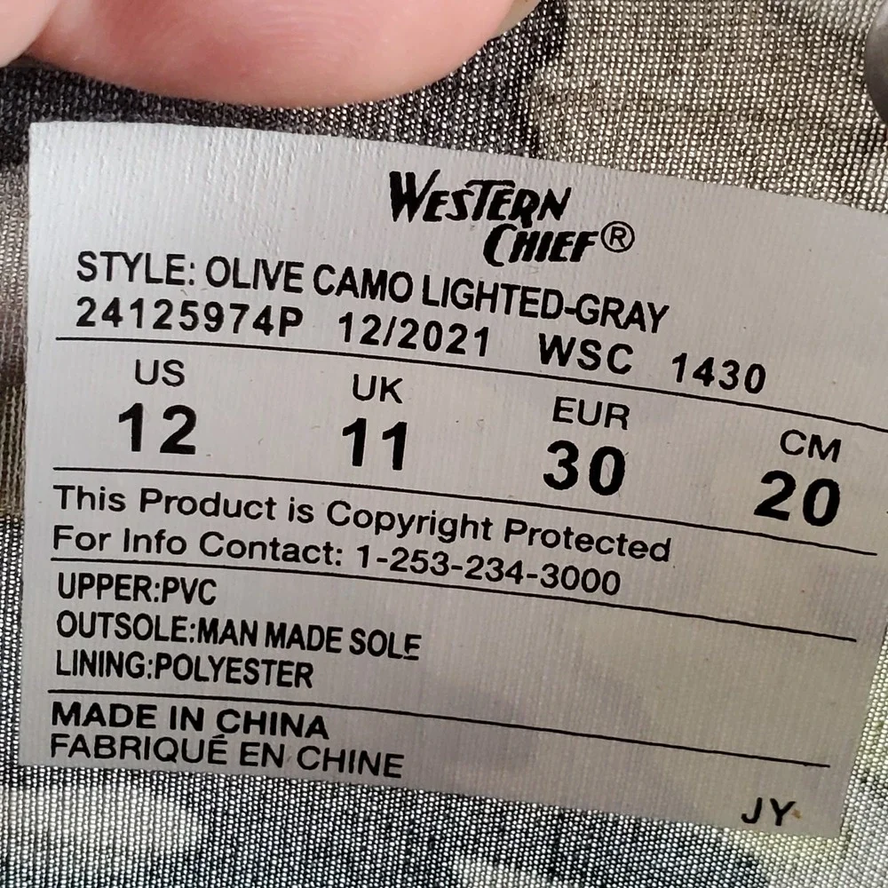 Western Chief Kids Rain Boot Sz 12 Olive Camo Lighted Gray Mid-Top Round Toe